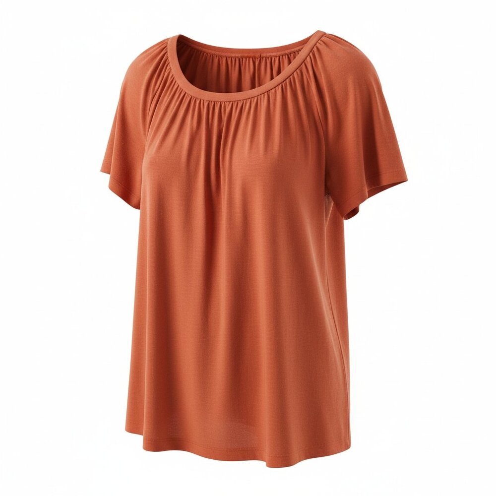 Burnt Orange Peasant Top Size Large Boho Gathered Neck Short Sleeve Casual Top